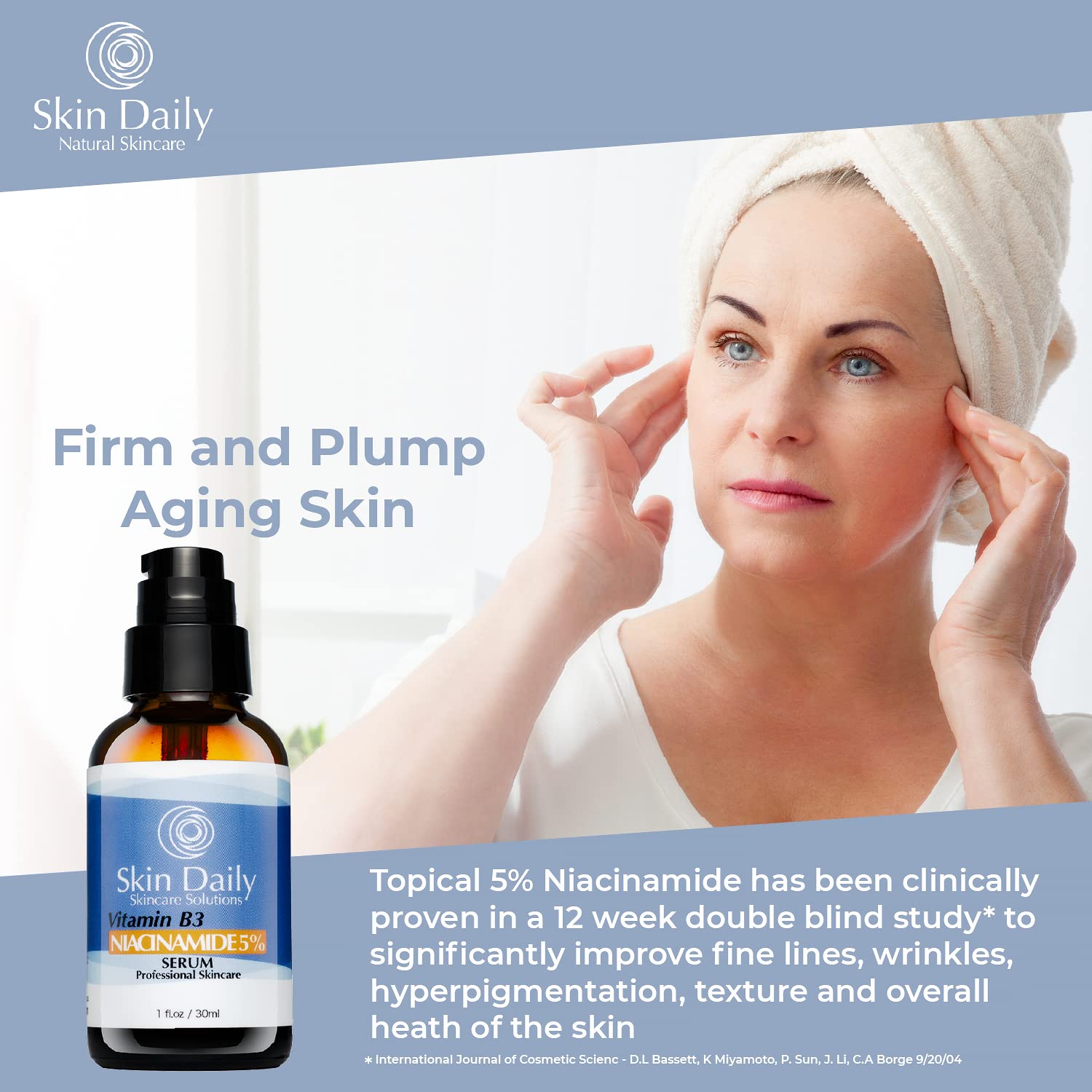 SkinDaily Niacinamide Serum on face during daily skincare routine.
