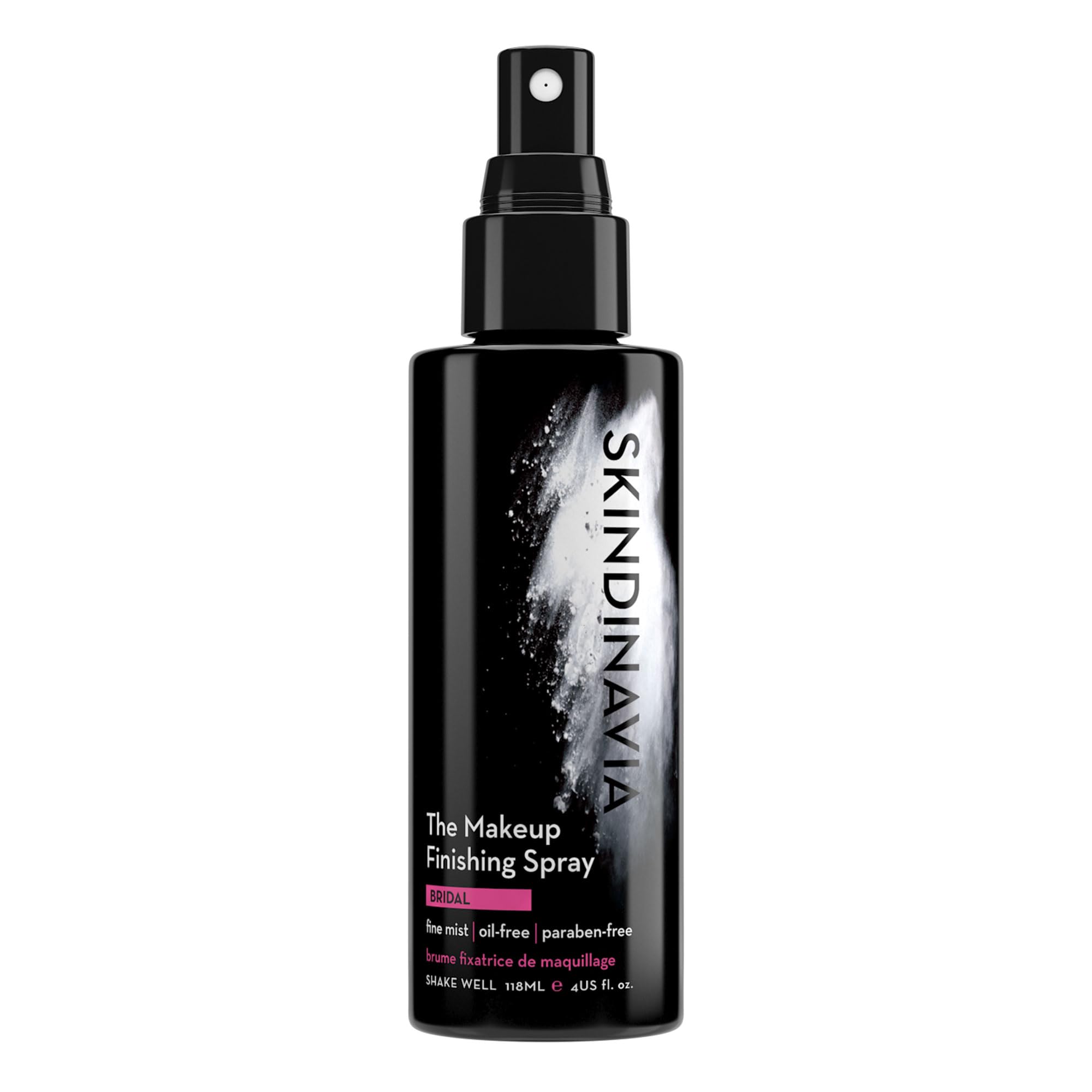 Skindinavia makeup finishing spray bottle demonstrates all-day wear for a flawless finish.