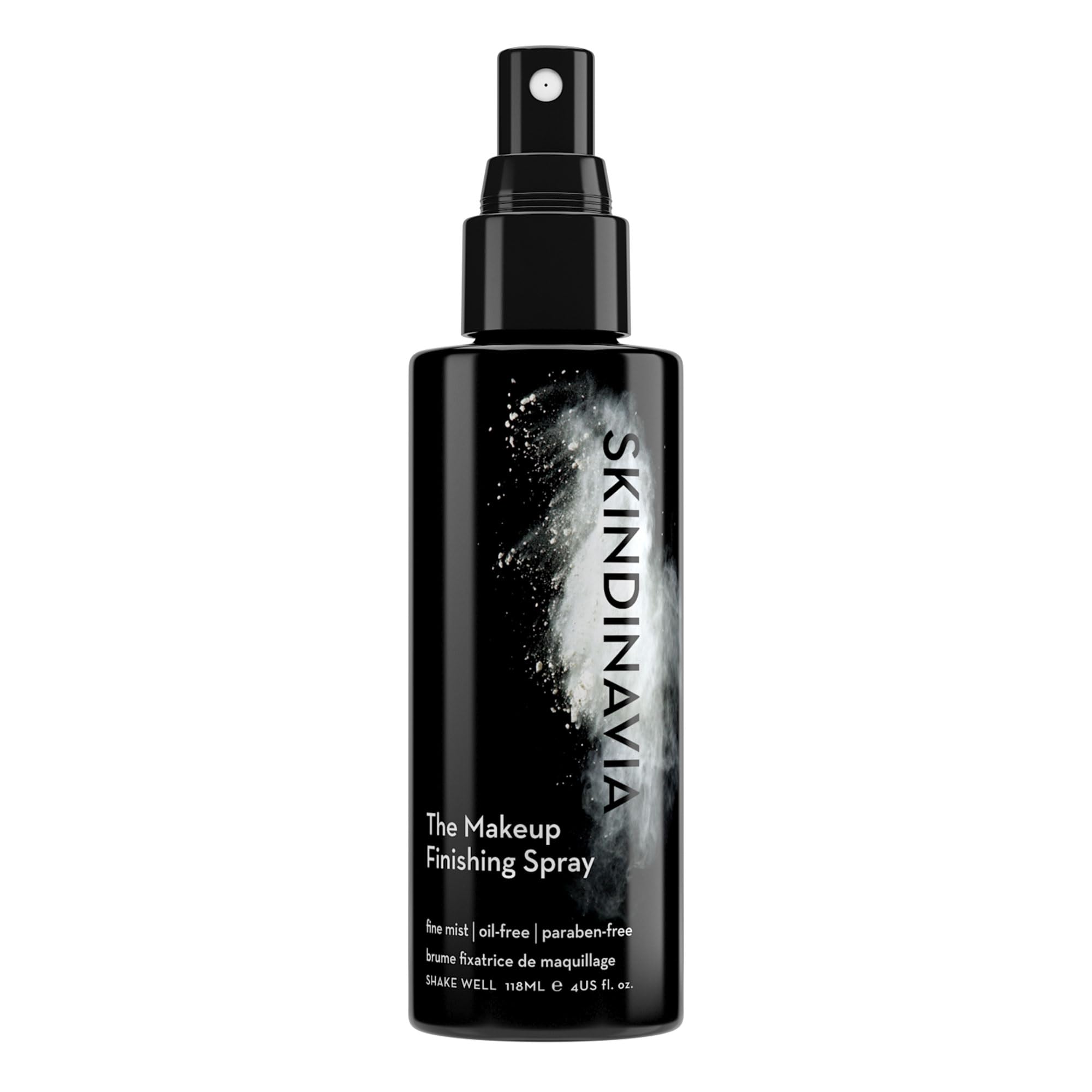Skindinavia makeup finishing spray bottle demonstrates all-day hold for flawless makeup