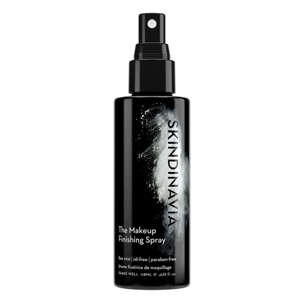 Skindinavia makeup finishing spray bottle demonstrates all-day hold for flawless makeup