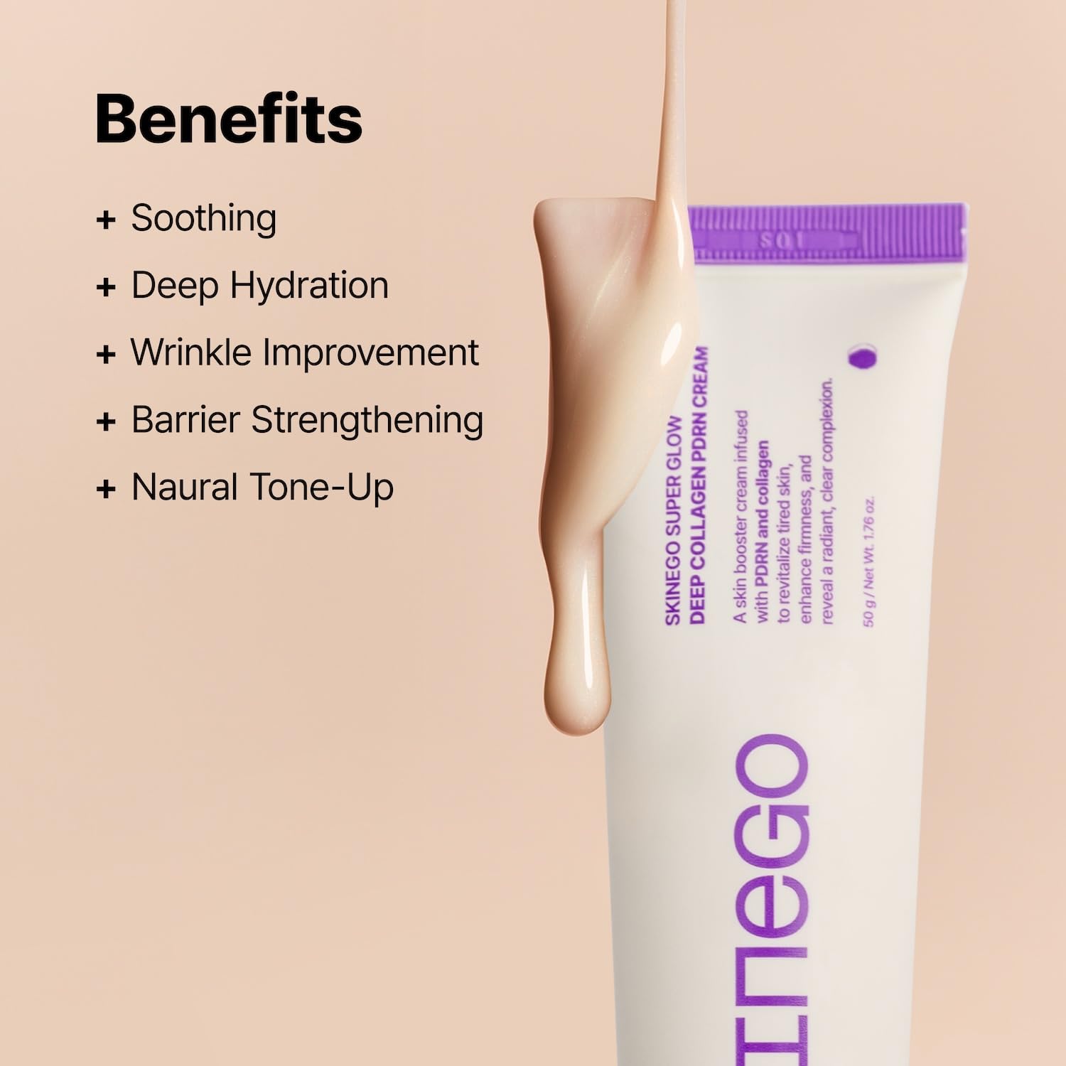 SKINEGO cream swatch displays instant dewy hydration on skin