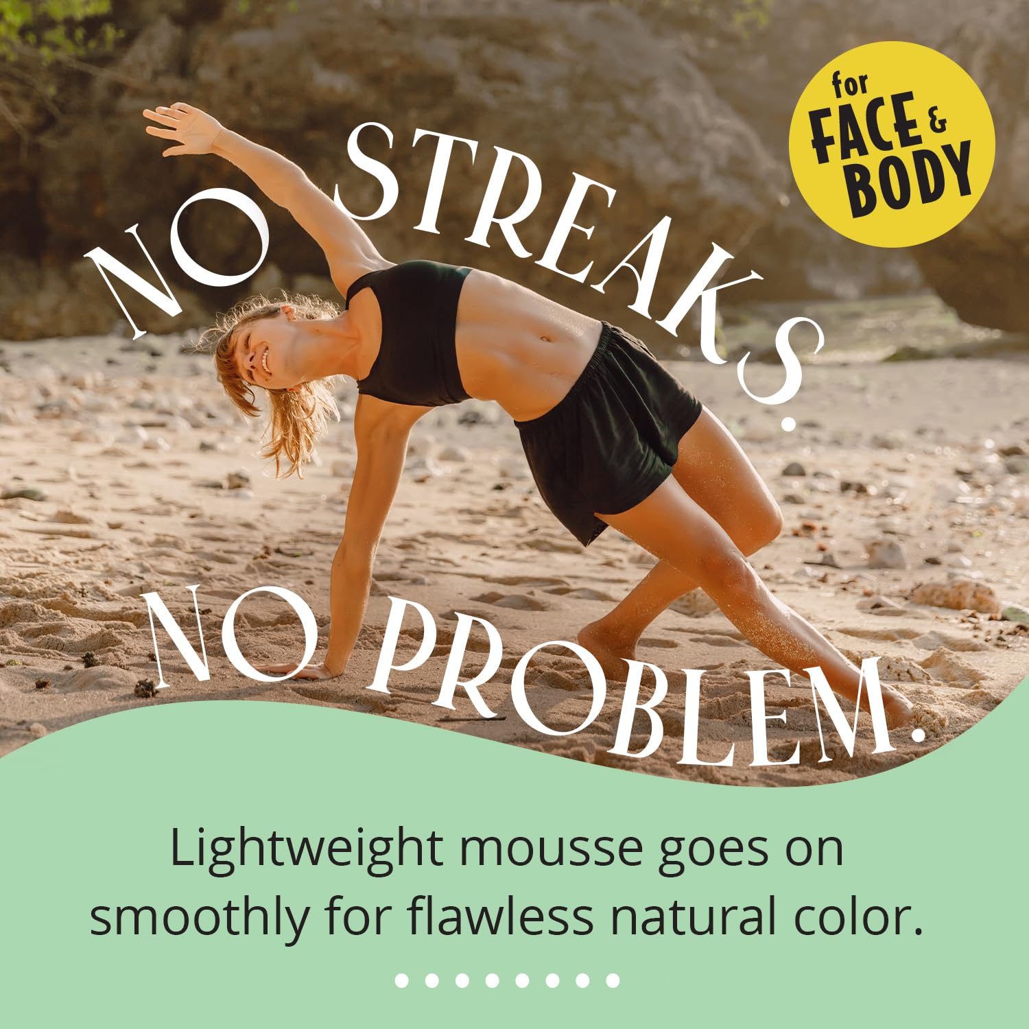 Skinerals Self Tanner Mousse foam dispense highlights quick-drying texture.