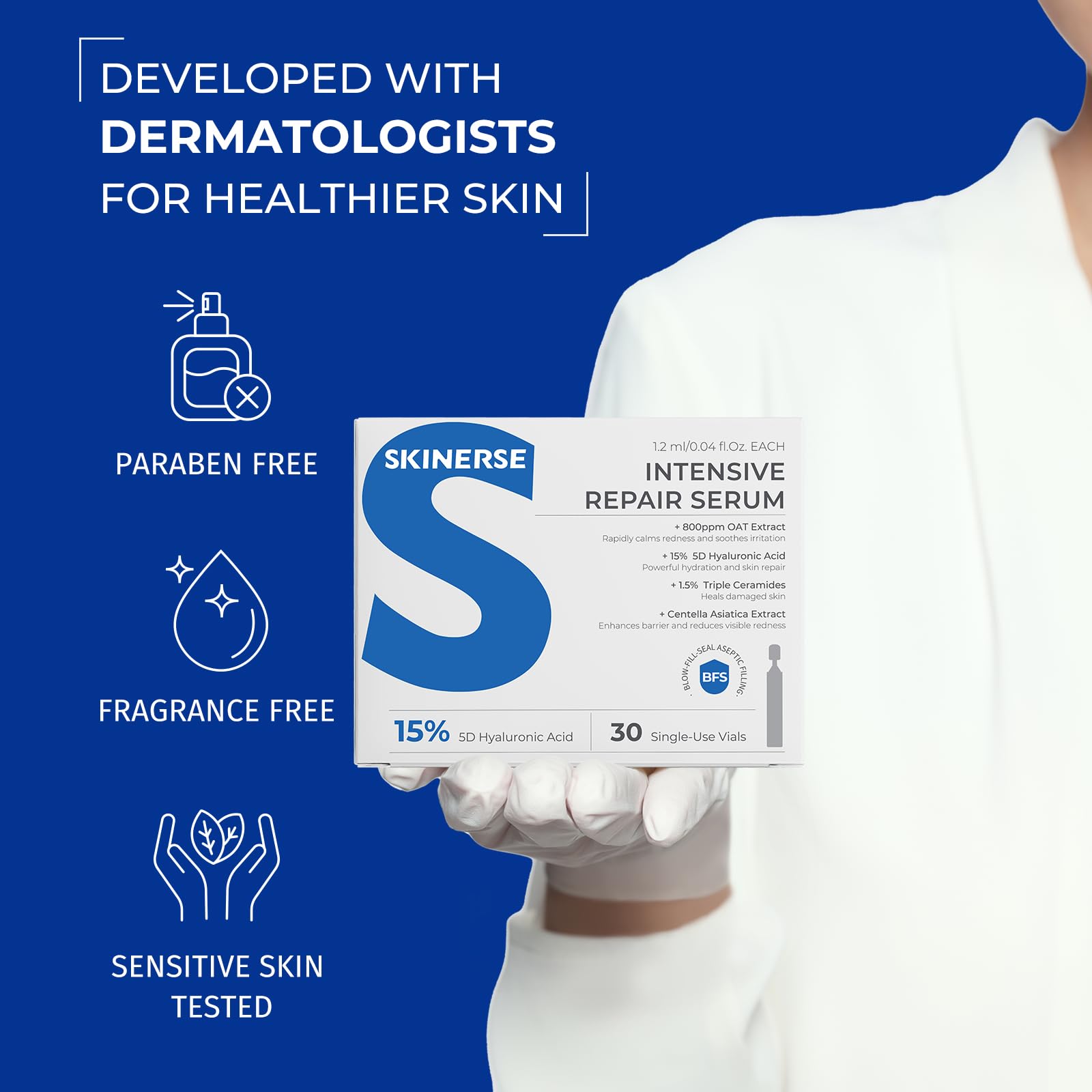 SKINERSE Intensive Repair Serum night-routine application near window light.