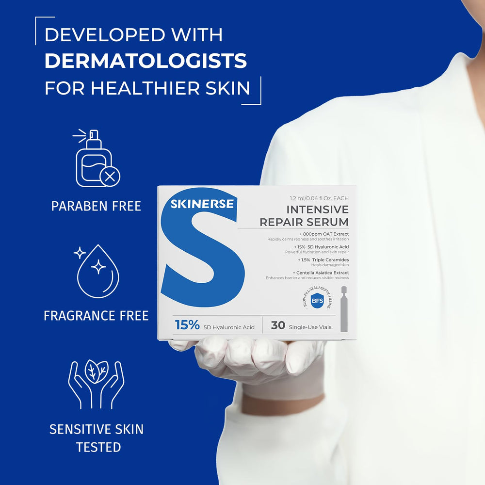 SKINERSE Intensive Repair Serum night-routine application near window light.