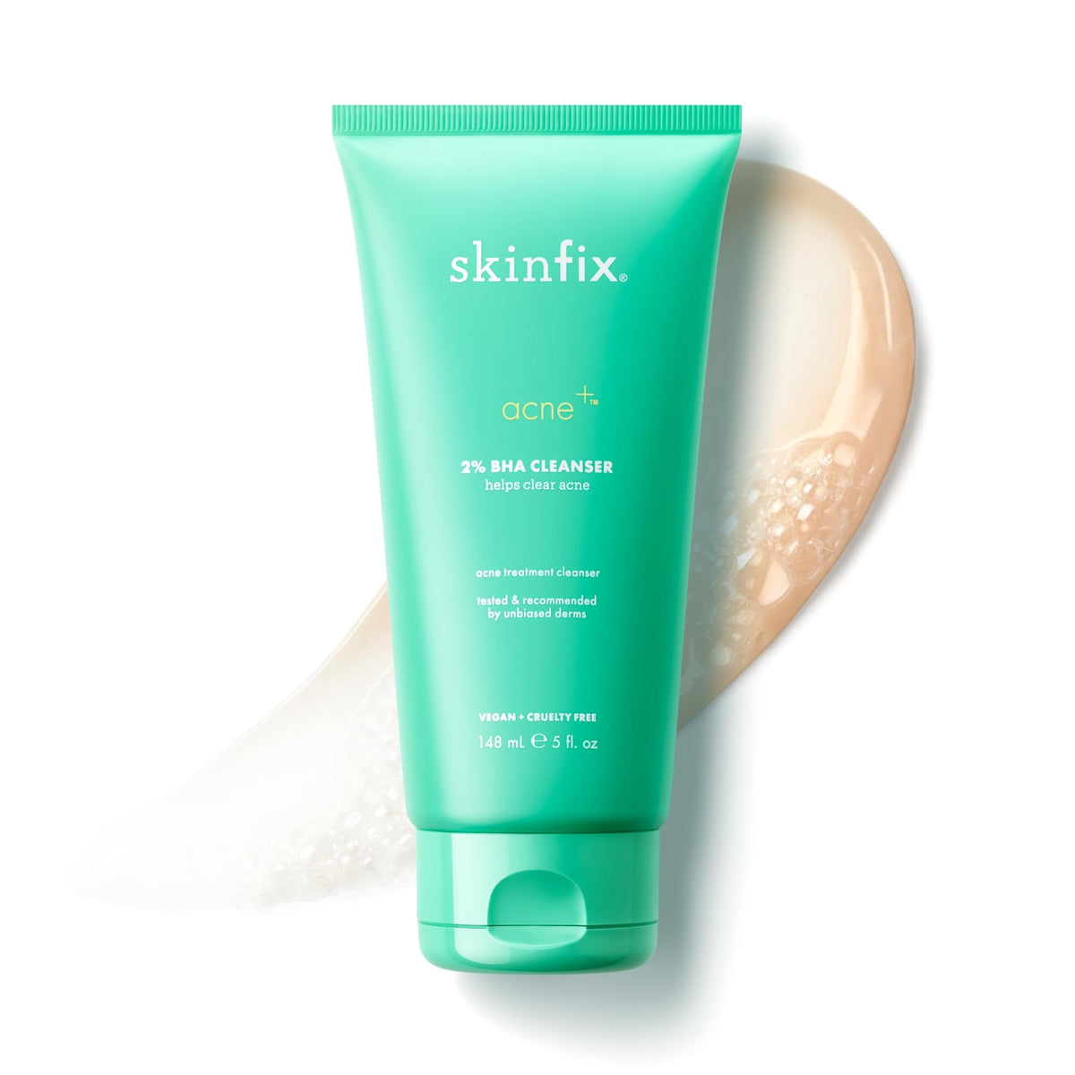 Skinfix 2% BHA Cleanser bottle pour—fragrance-free acne care for daily use.
