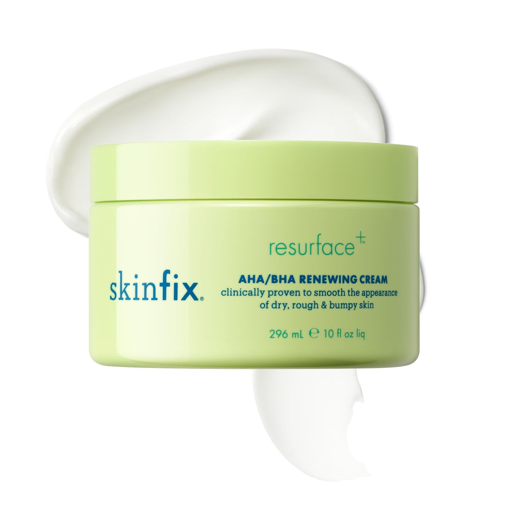 Skinfix AHA/BHA Renewing Body Cream tube closeup shows gentle exfoliation for smoother skin.