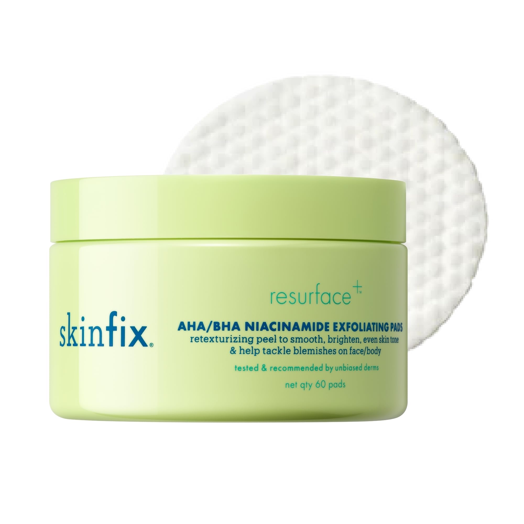 Skinfix exfoliating pads close-up shows textured surface for gentle resurfacing.