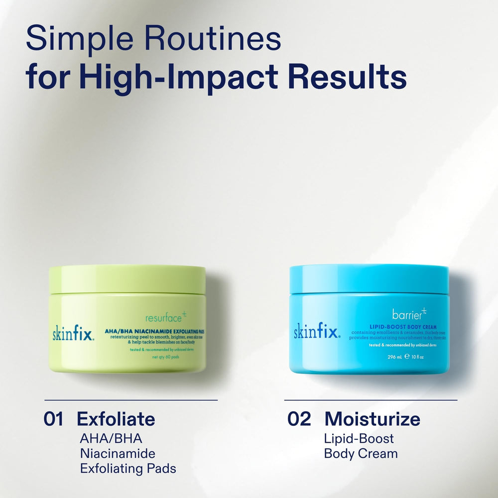 Skinfix exfoliating pads in use to unclog pores and smooth texture.