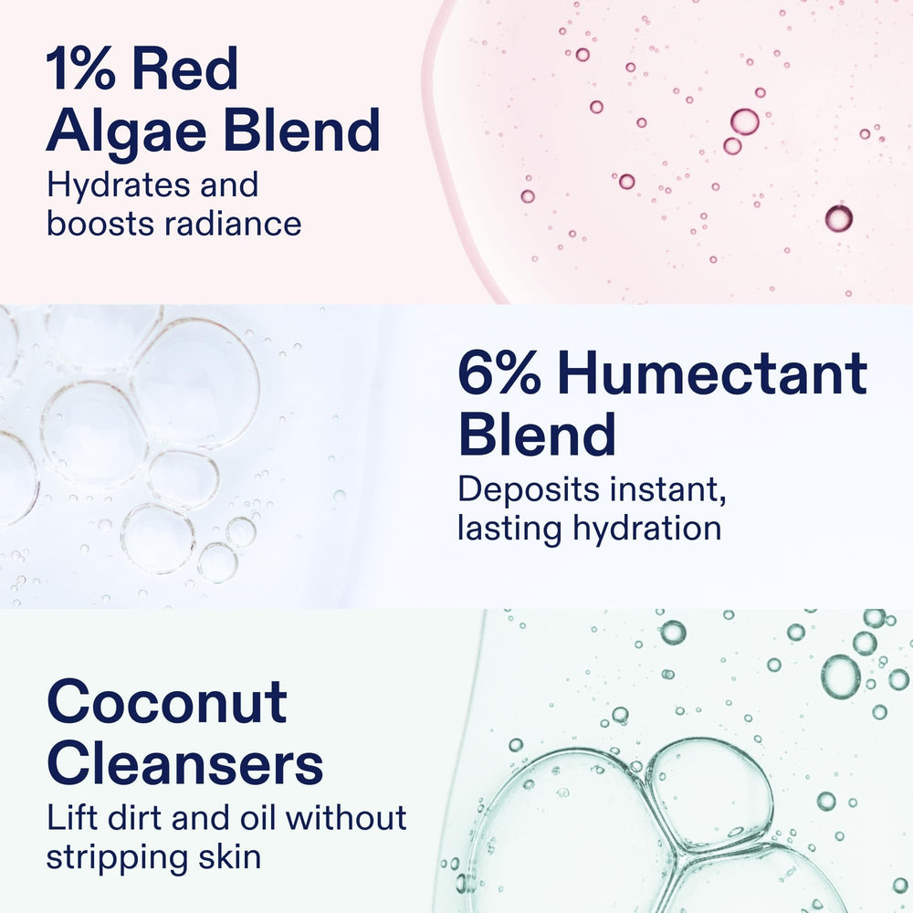 Skinfix foaming oil cleanser humectant hyaluronic acid droplets indicate instant moisture.