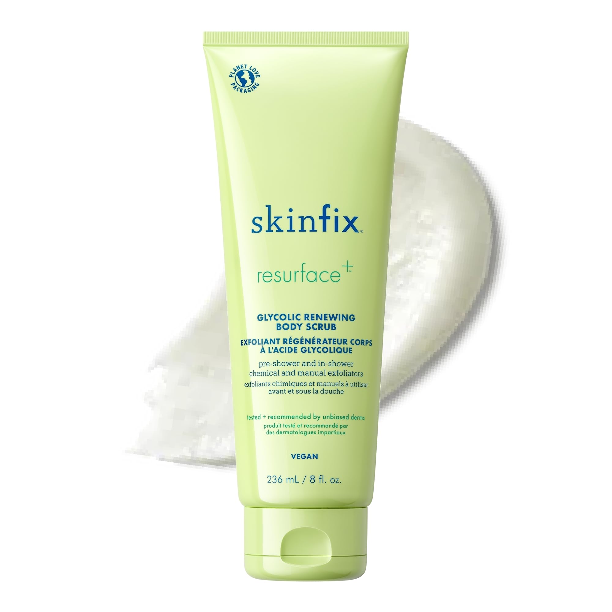 Skinfix Glycolic Renewing Scrub tube on shelf demonstrates dual-action exfoliation for smoother skin