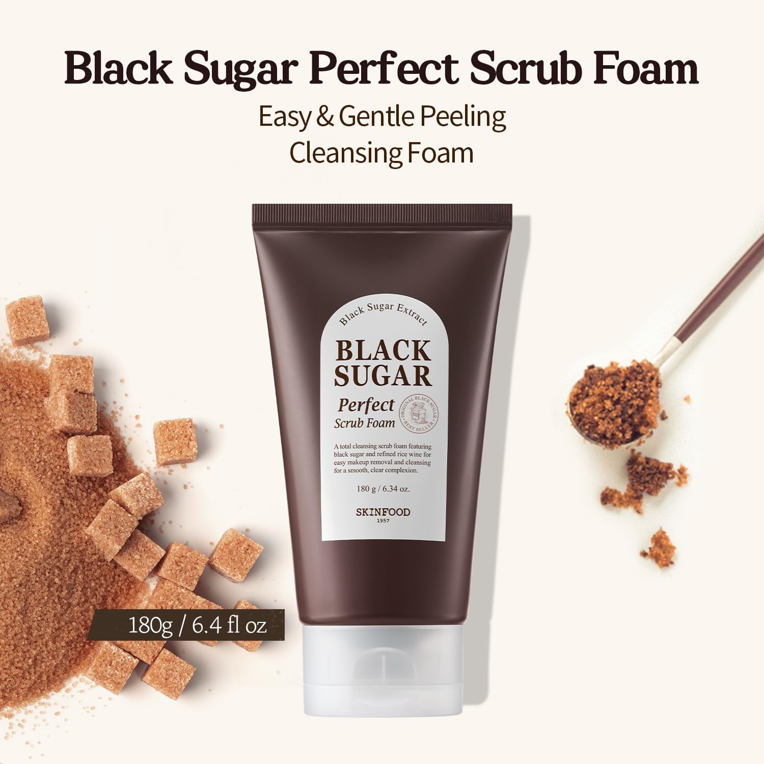 SKINFOOD 1957 black sugar granules provide gentle exfoliation for smoother skin.