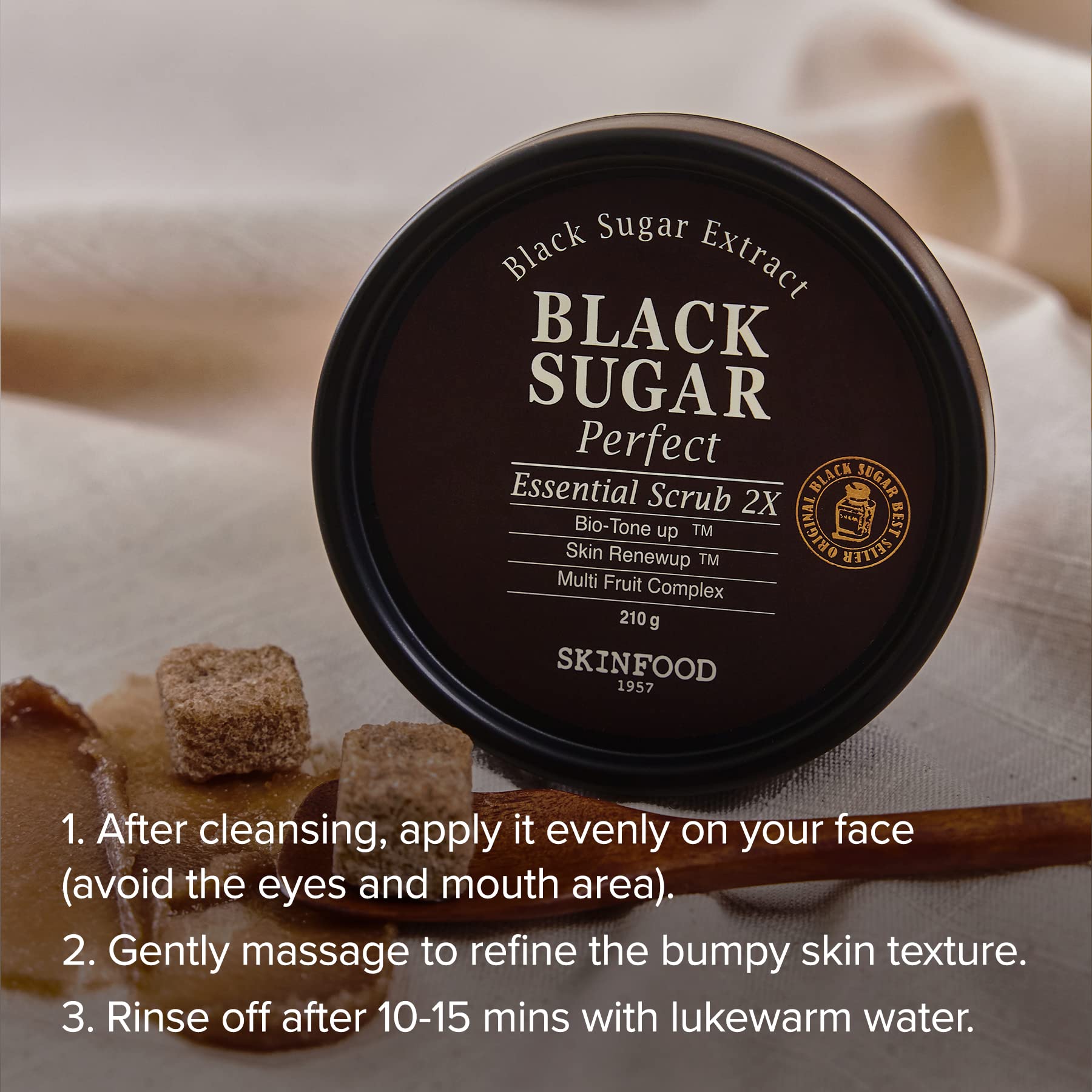 Skinfood 1957 Black Sugar Mask ingredients showcase nourishing sugars, plant oils, and rice wine.