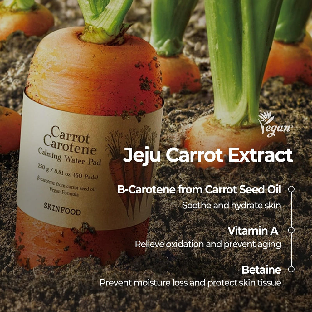 SKINFOOD 1957 carrot carotene calming water pads closeup texture—thick soft cotton for gentle cleansing.