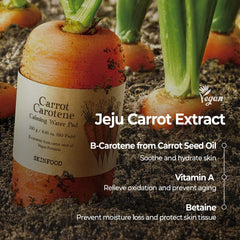 SKINFOOD 1957 carrot carotene calming water pads closeup texture—thick soft cotton for gentle cleansing.
