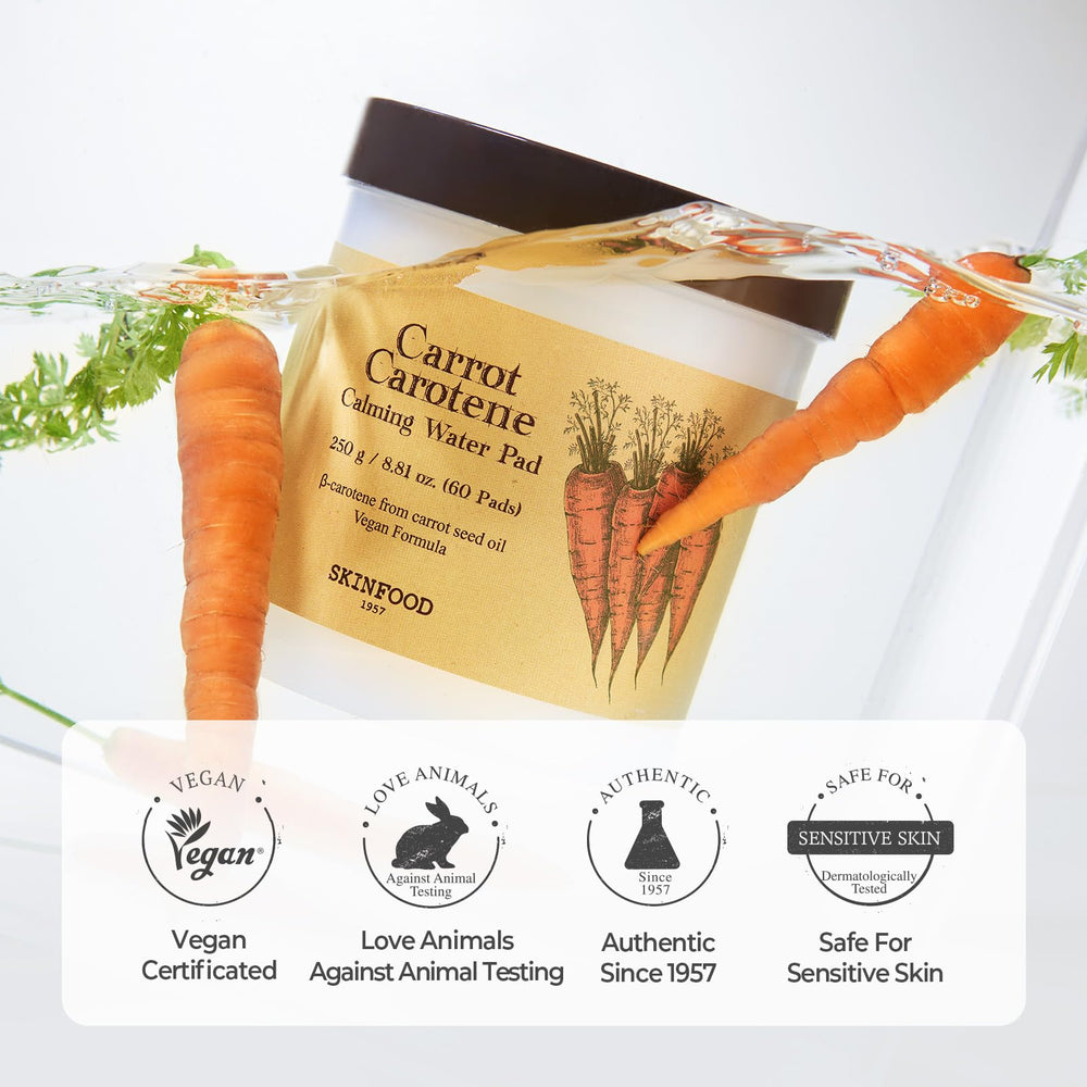 SKINFOOD 1957 carrot carotene calming water pads soft cotton—comfortable daily skincare ritual.