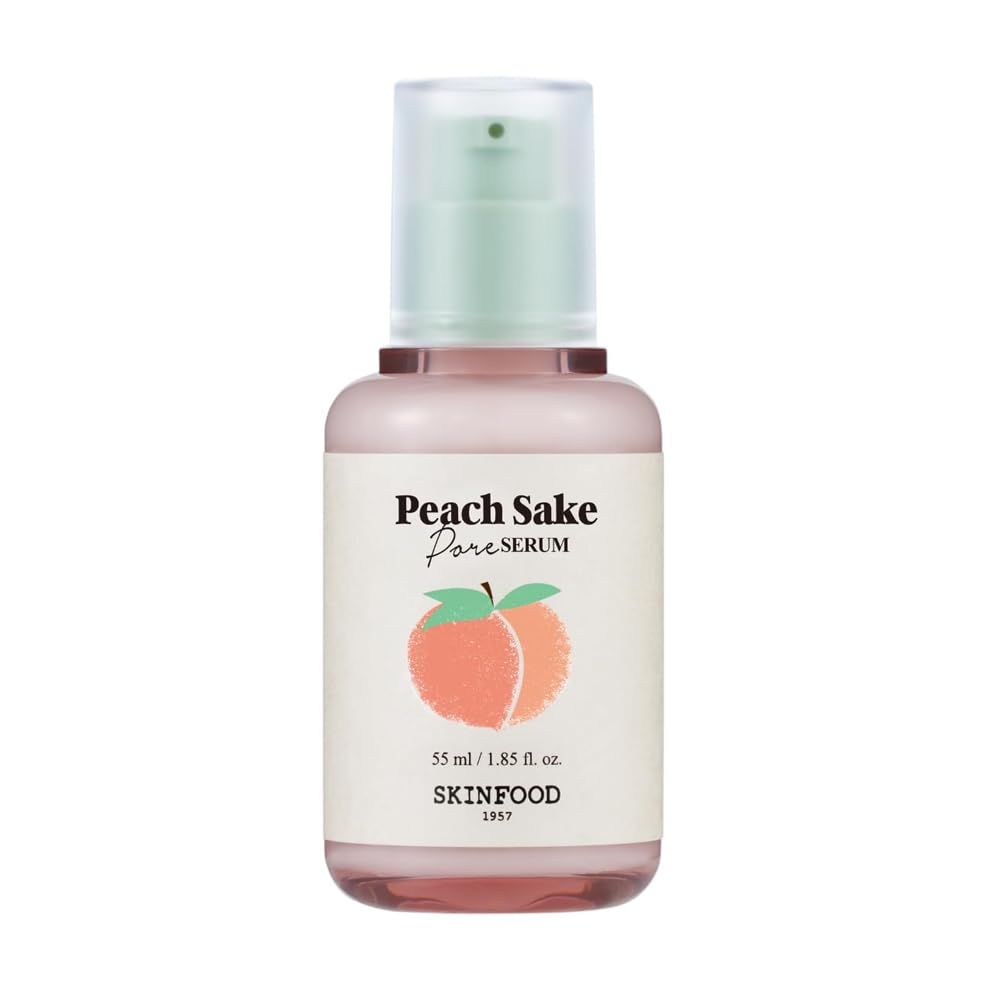 SKINFOOD 1957 Peach Sake Serum bottle shows pore-minimizing formula for oily skin
