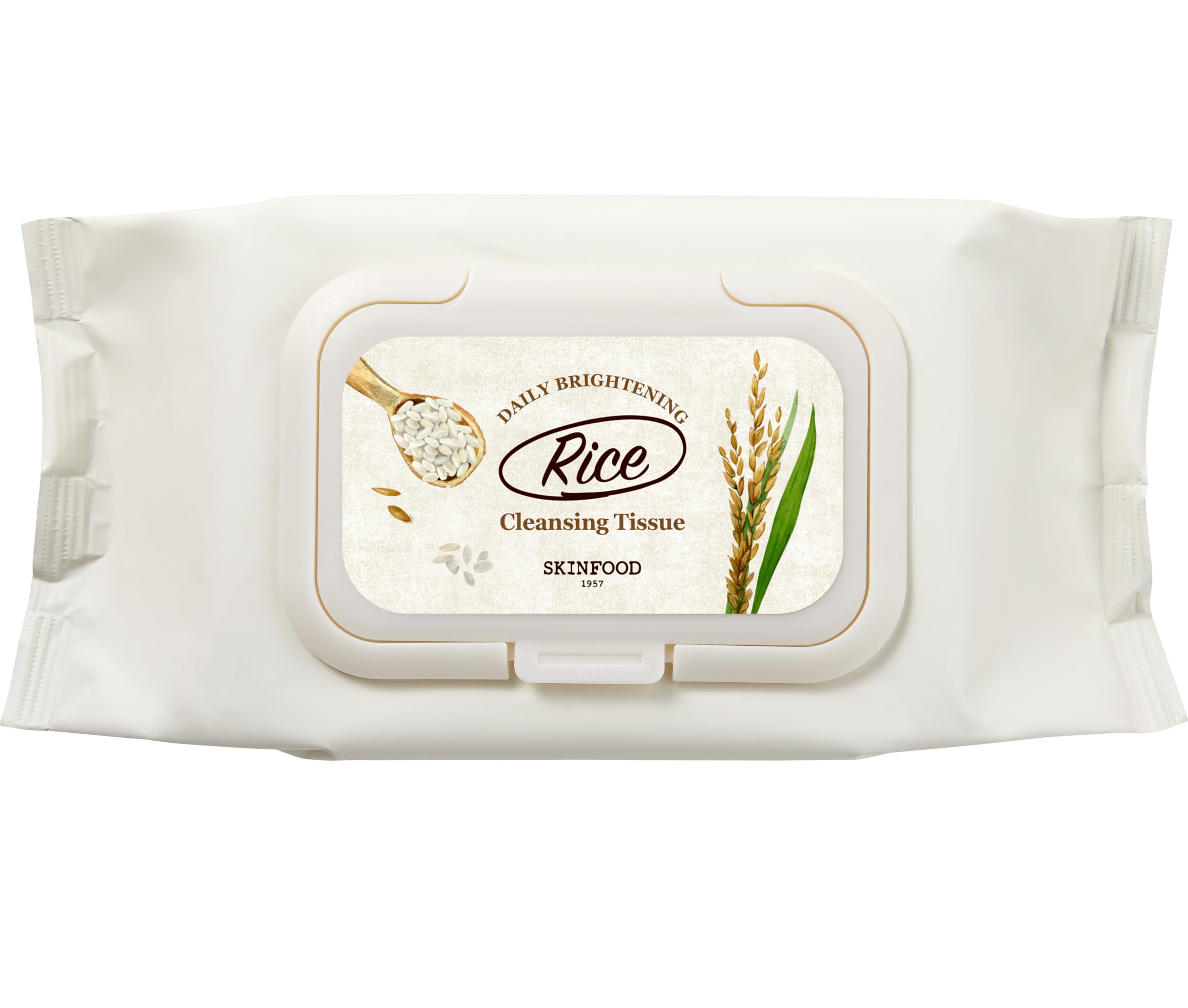 SKINFOOD 1957 rice cleansing wipes box ideal for quick makeup removal.