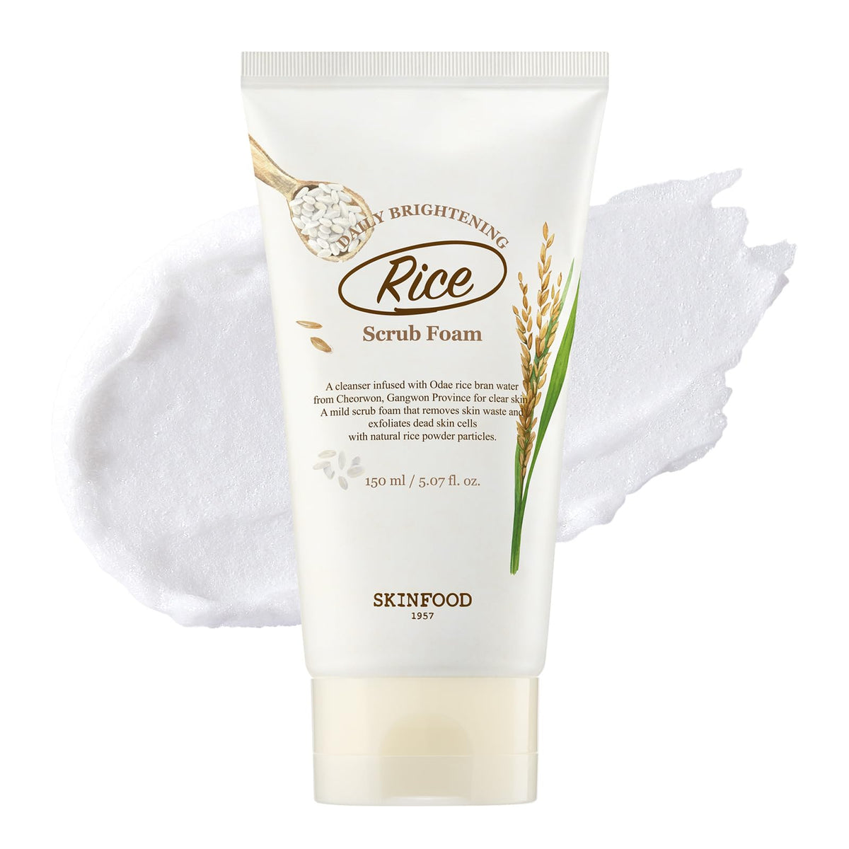 SKINFOOD 1957 Rice Daily Scrub Foam packshot showing gentle exfoliation for refreshed skin