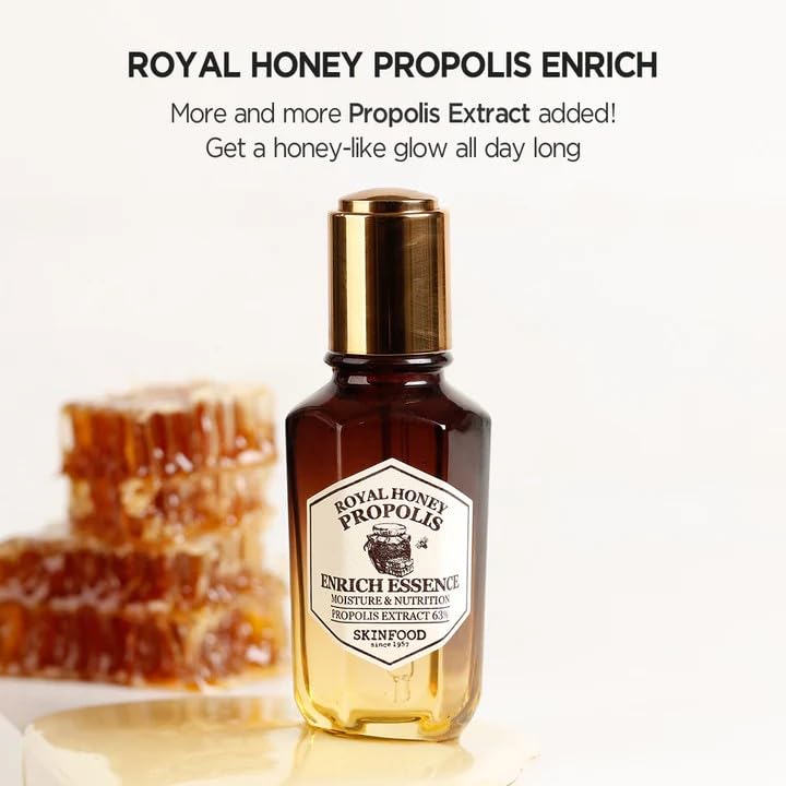 SKINFOOD 1957 Royal Honey Propolis Enrich Essence promotes dewy skin glow