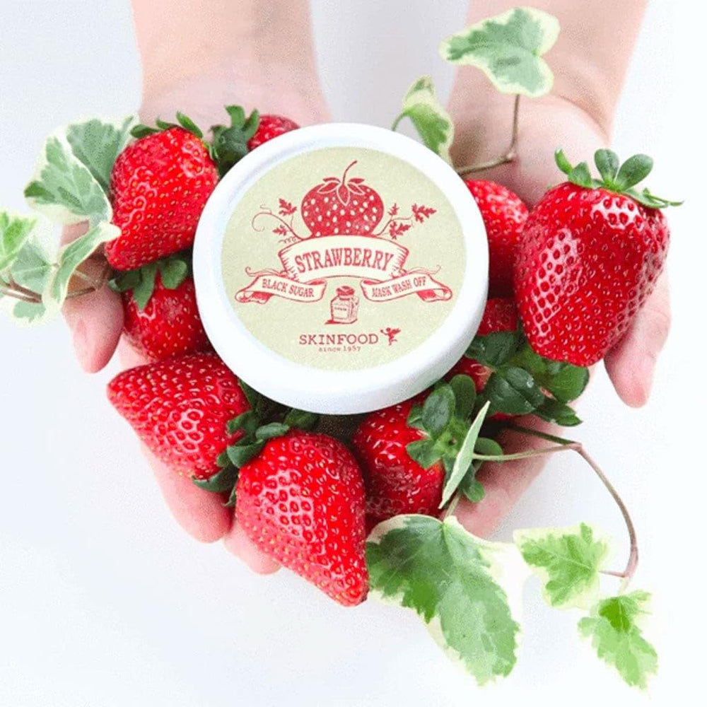 SKINFOOD 1957 strawberry seeds texture close-up highlighting gentle exfoliation.