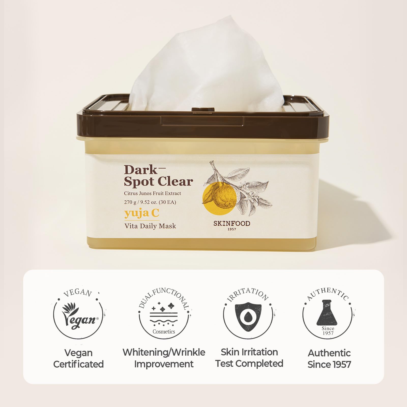 5-minute timing with SKINFOOD Yuja C Vita mask on face.
