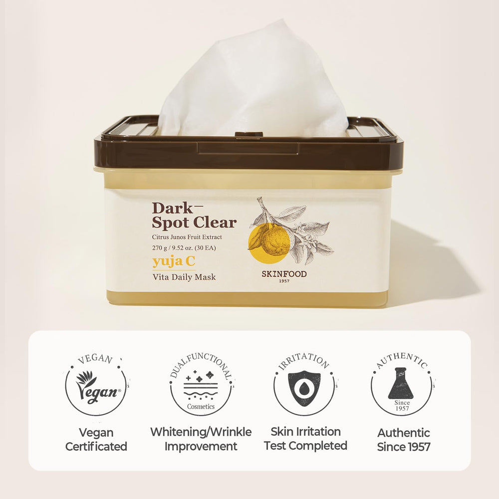 5-minute timing with SKINFOOD Yuja C Vita mask on face.