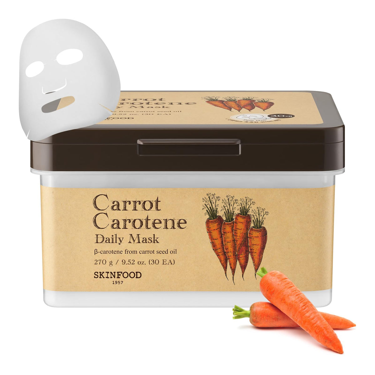 SKINFOOD Carrot Carotene Daily Mask bulk pack box promotes efficient skincare for busy days