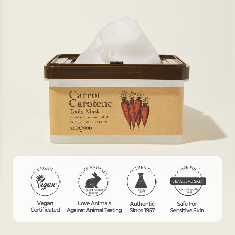 SKINFOOD carrot-carotene daily mask hydration detail showing moist essence on skin