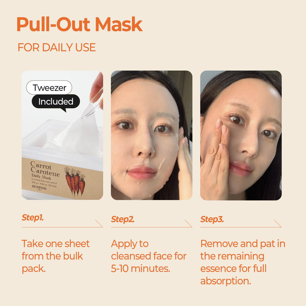 SKINFOOD carrot-carotene daily mask Oeko-Tex logo highlights safety and eco-friendly credentials