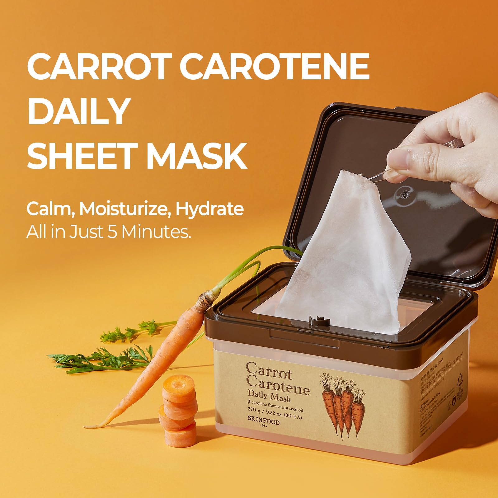 SKINFOOD carrot-carotene daily mask bulk sheet pack enables easy daily hydration