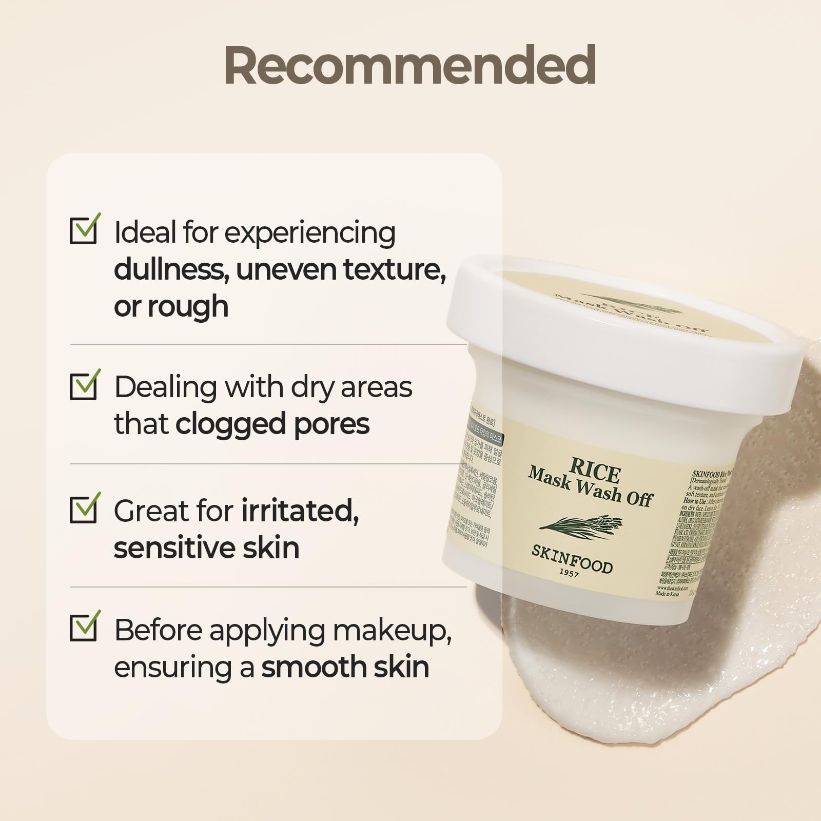 SKINFOOD Rice Mask Wash Off 10-minute use highlights quick glow and refined texture