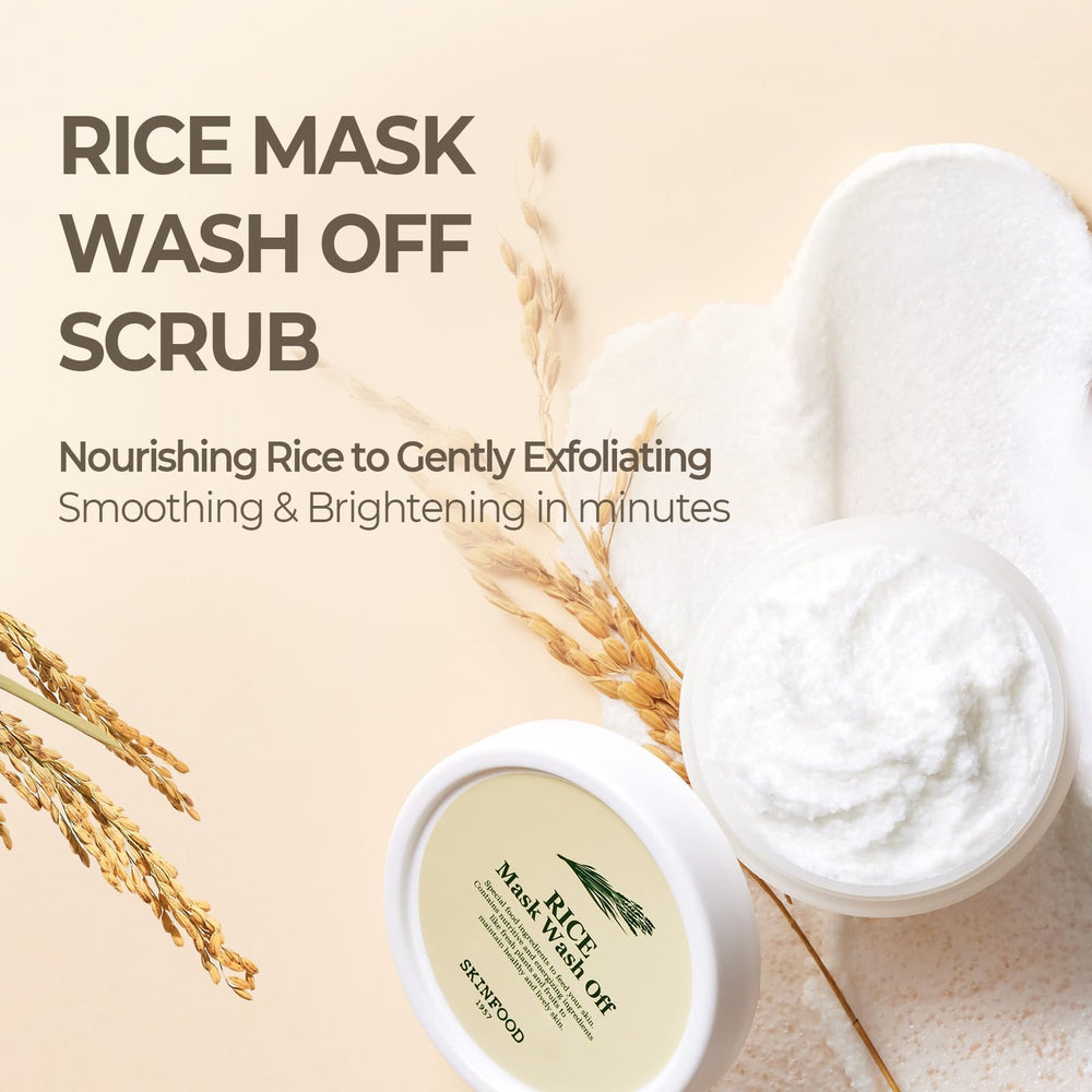 SKINFOOD Rice Mask Wash Off jar design highlights clean vegan K-beauty heritage