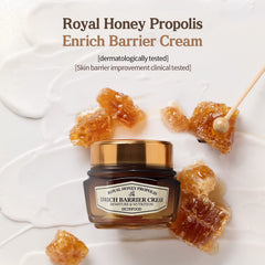 Label closeup of SKINFOOD 1957 Royal Honey Propolis Enrich Barrier Cream emphasizes royal essence