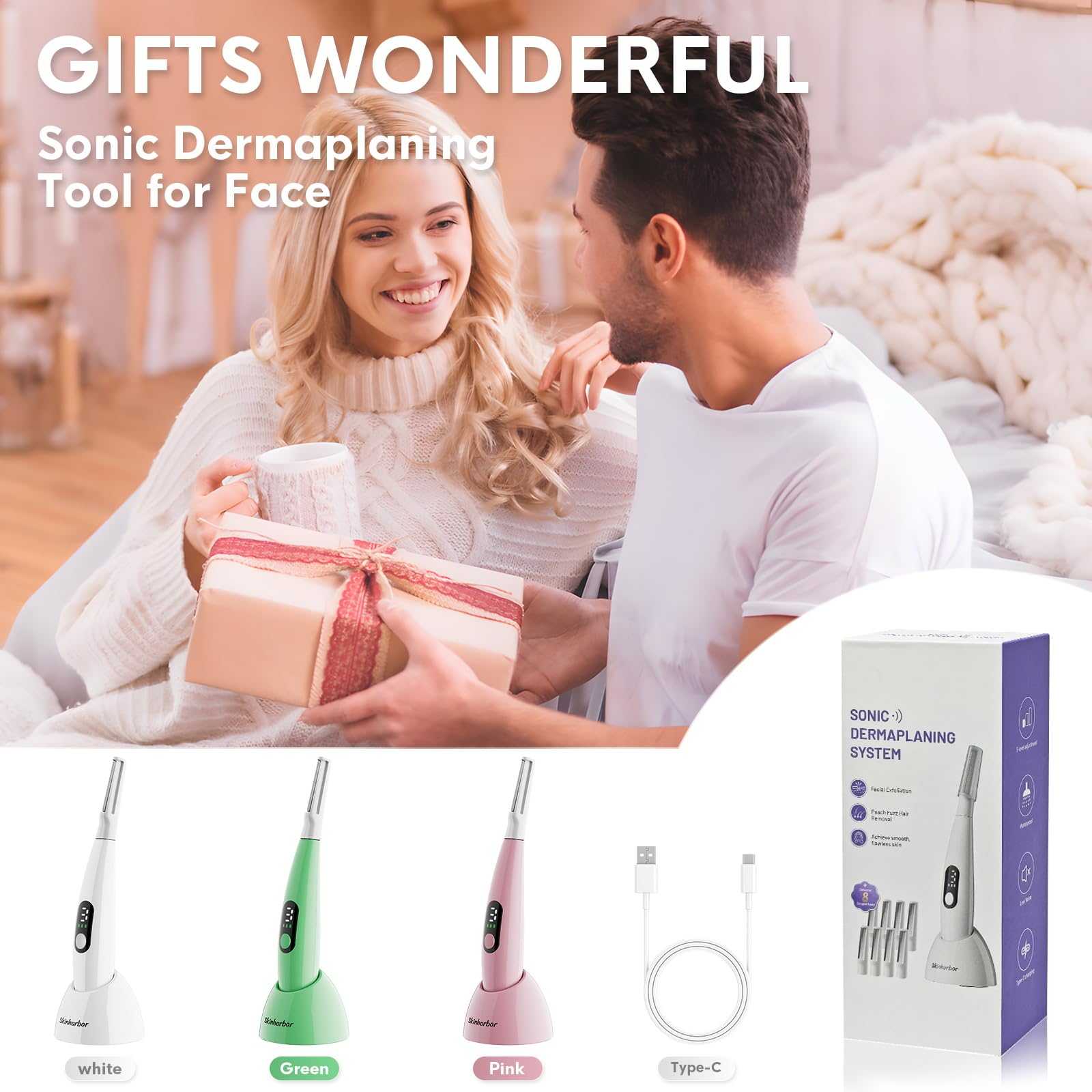 Skinharbor Sonic Dermaplane packaging and accessories — includes blades and charging cable for full setup.