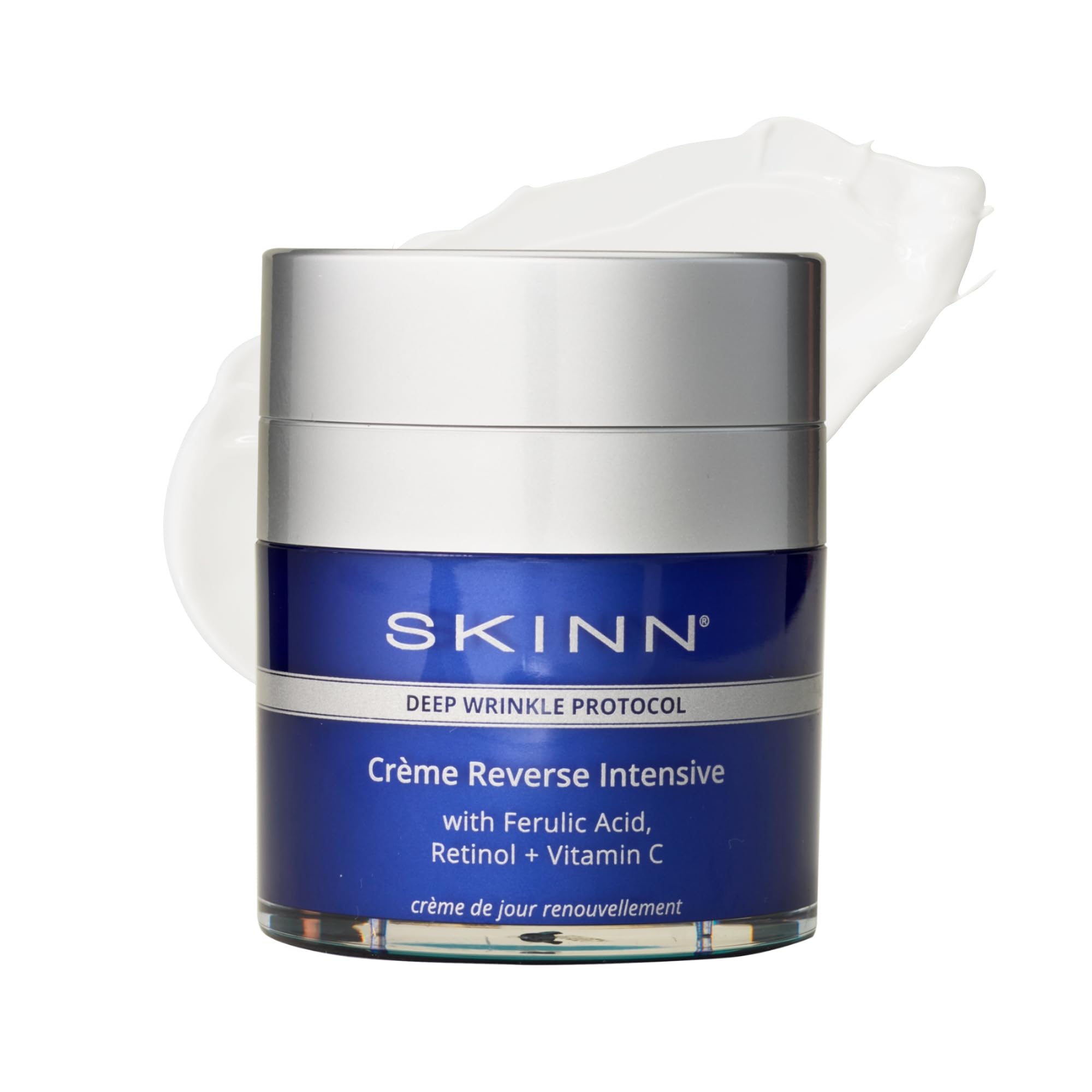 SKINN Crème Reverse jar closeup showing rich texture for plump, radiant skin