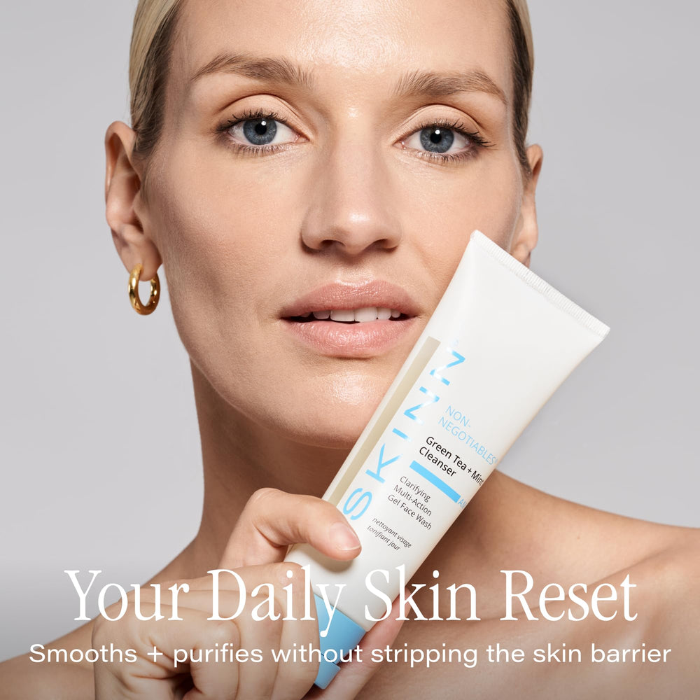 SKINN Daily Morning Face Wash green tea mint closeup suggests a refreshing cleansing ritual.
