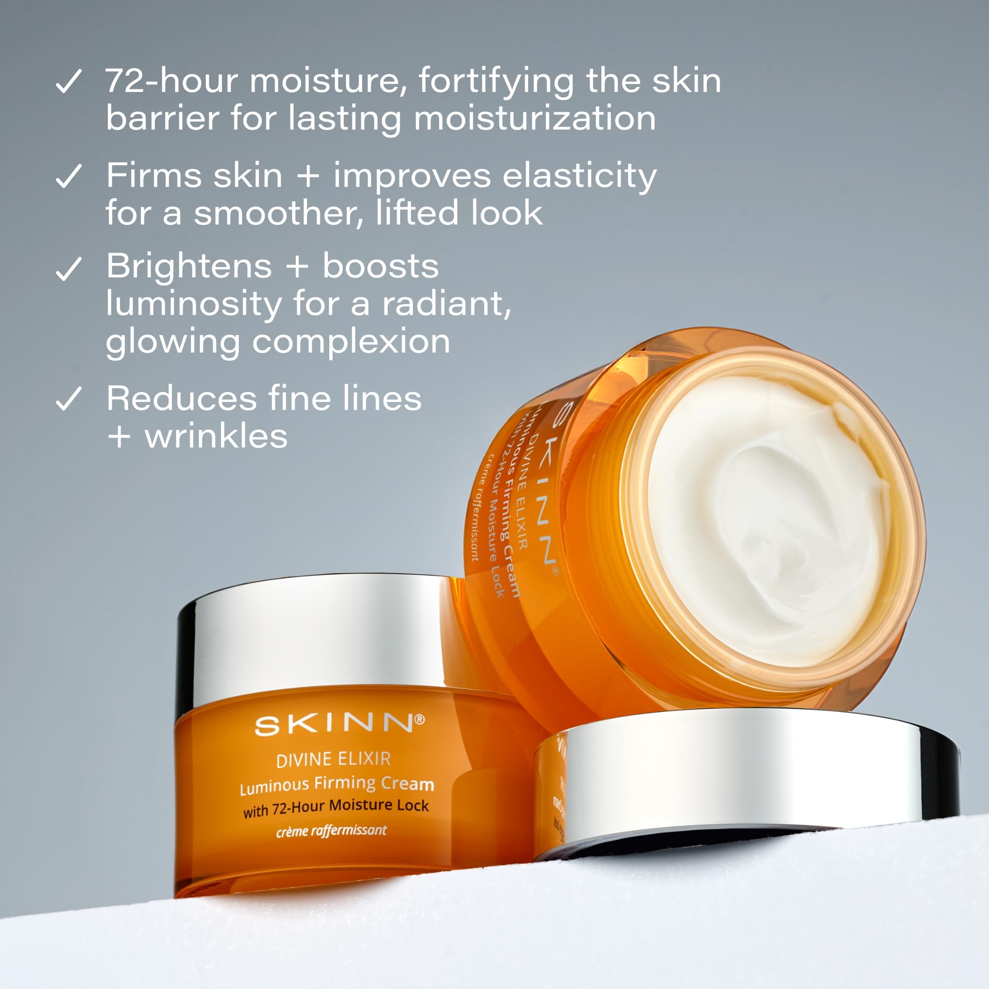 SKINN Luminous Firming Cream application motion highlights lifting and hydrating effects.