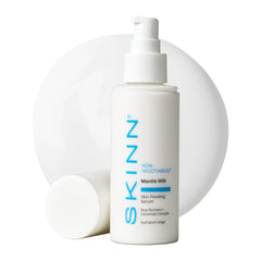 SKINN Mantle Milk Serum bottle on vanity highlighting hydration benefits