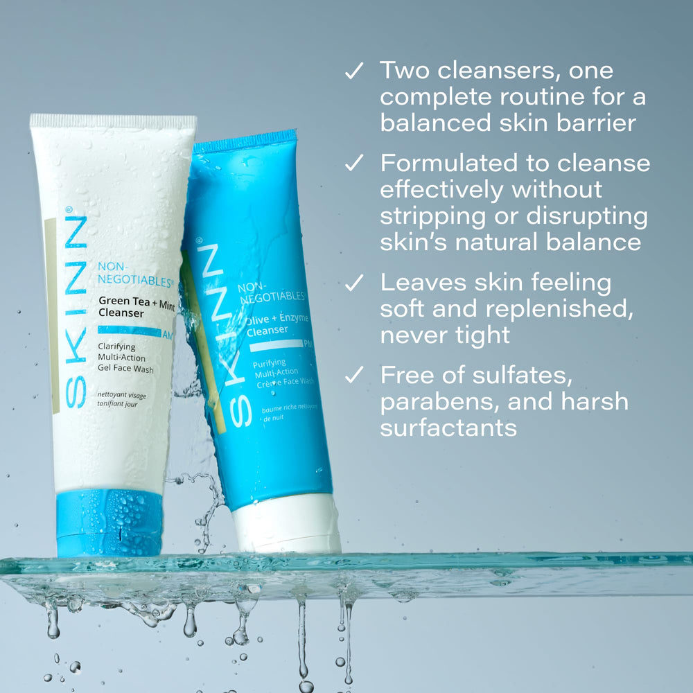 SKINN Morning routine image shows exfoliating acids refreshing pores and smooth skin.