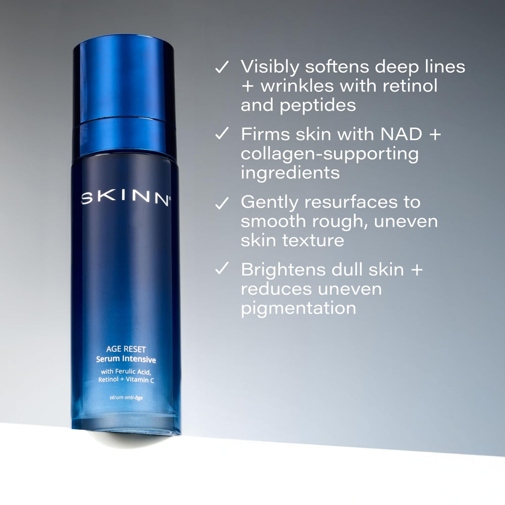 Close up of SKINN serum on clean face reveals radiant look
