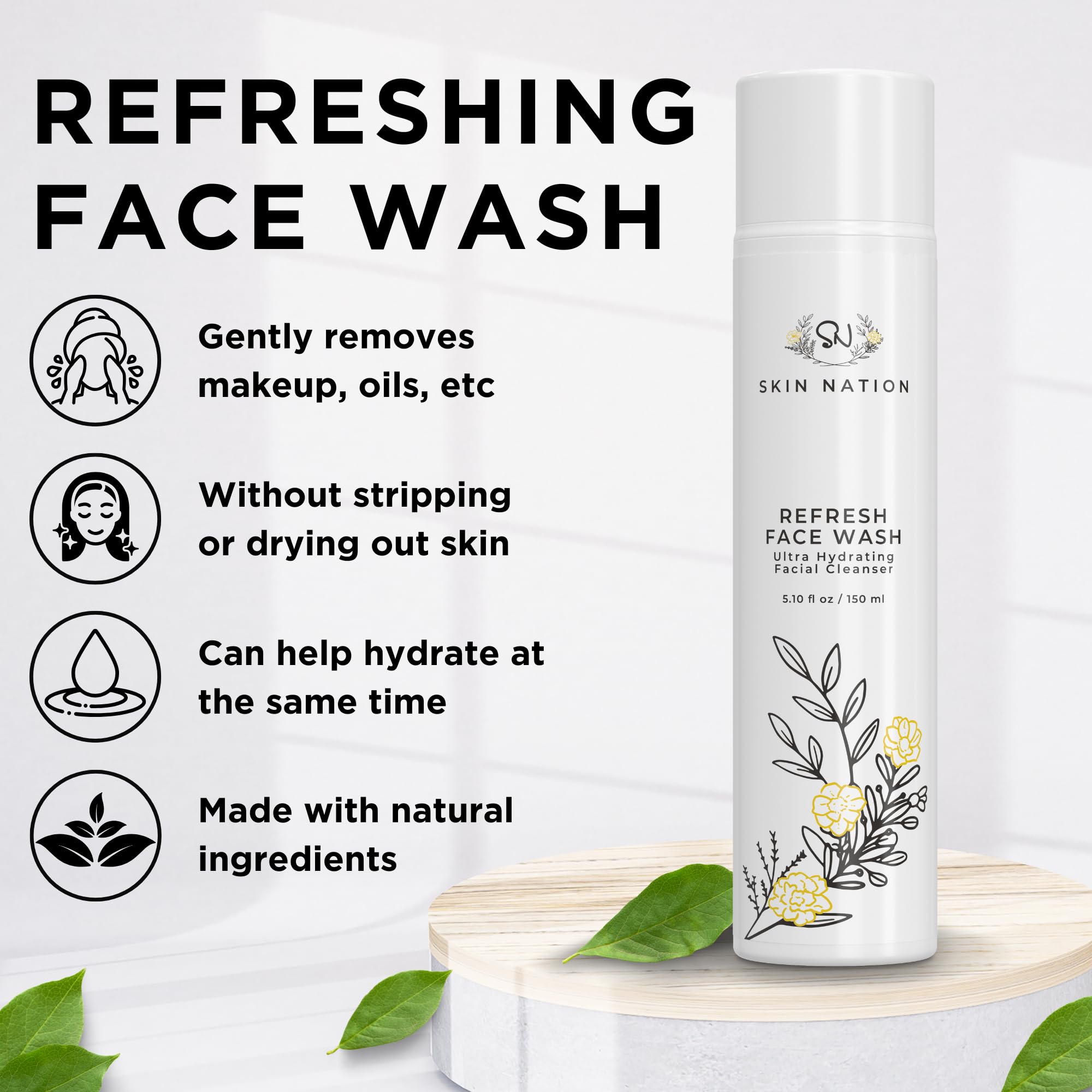 Skin Nation Hydrating Face Wash cleanses makeup and impurities gently.