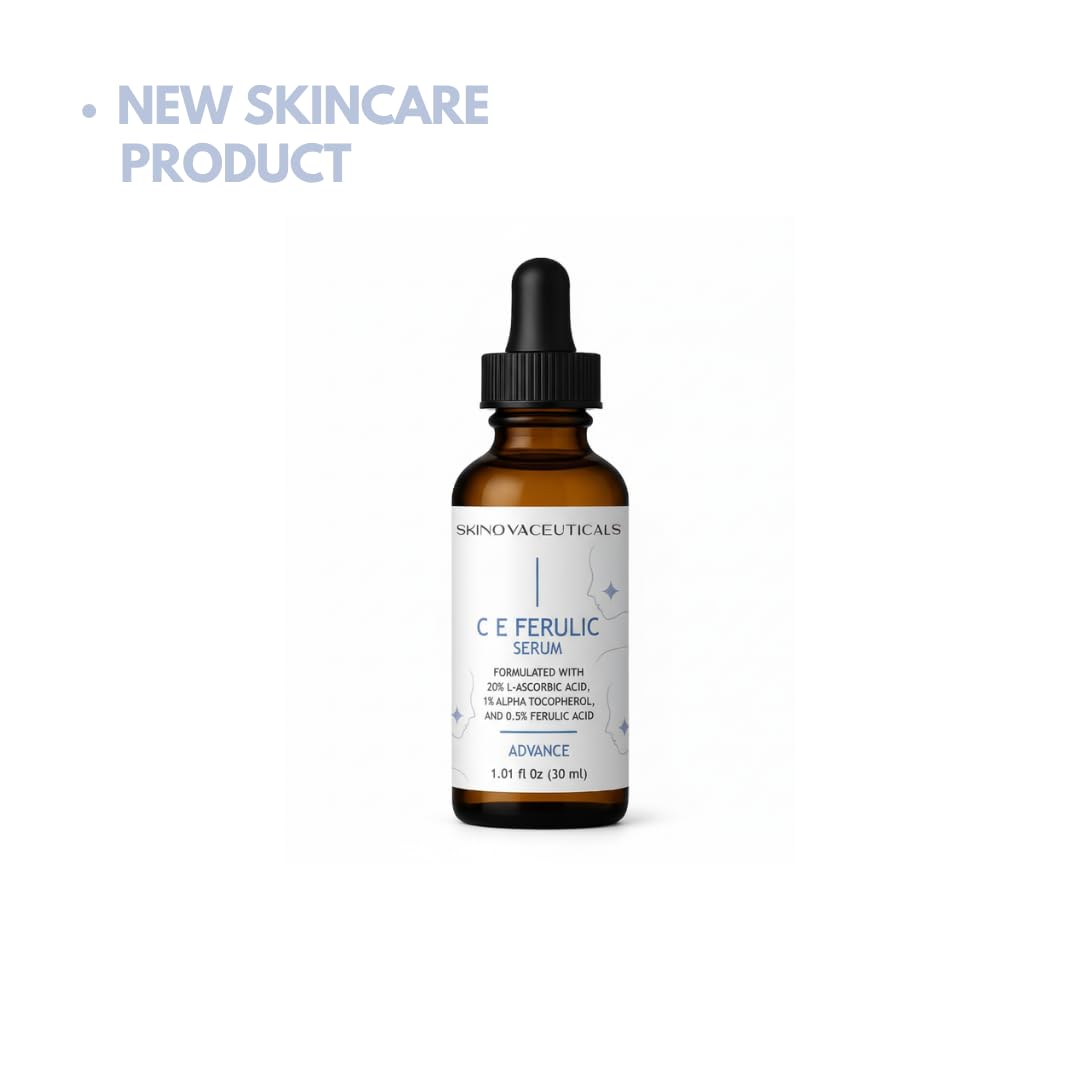 SkinovaCeuticals C E Ferulic serum pump showcases brightening formula for a smoother complexion.