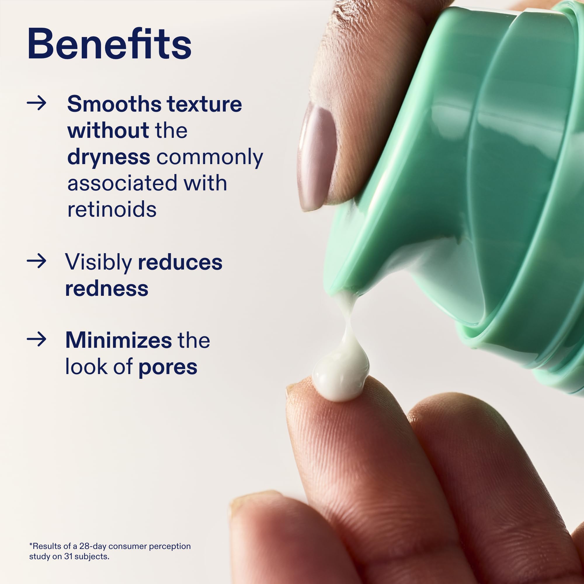 Application tiny amount indicates moderation and proper amount for facial use.