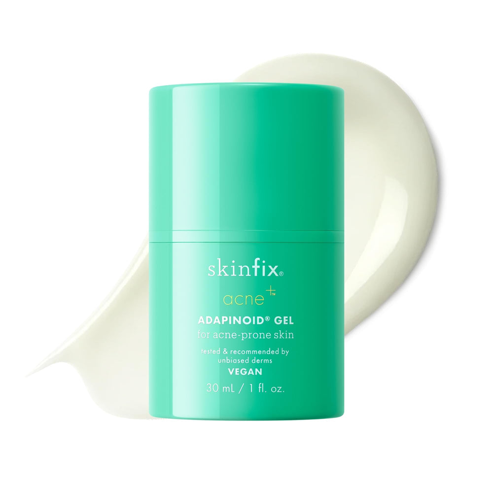 Skinfix Adapinoid Gel bottle closeup highlighting fragrance-free formula for sensitive acne-prone skin.