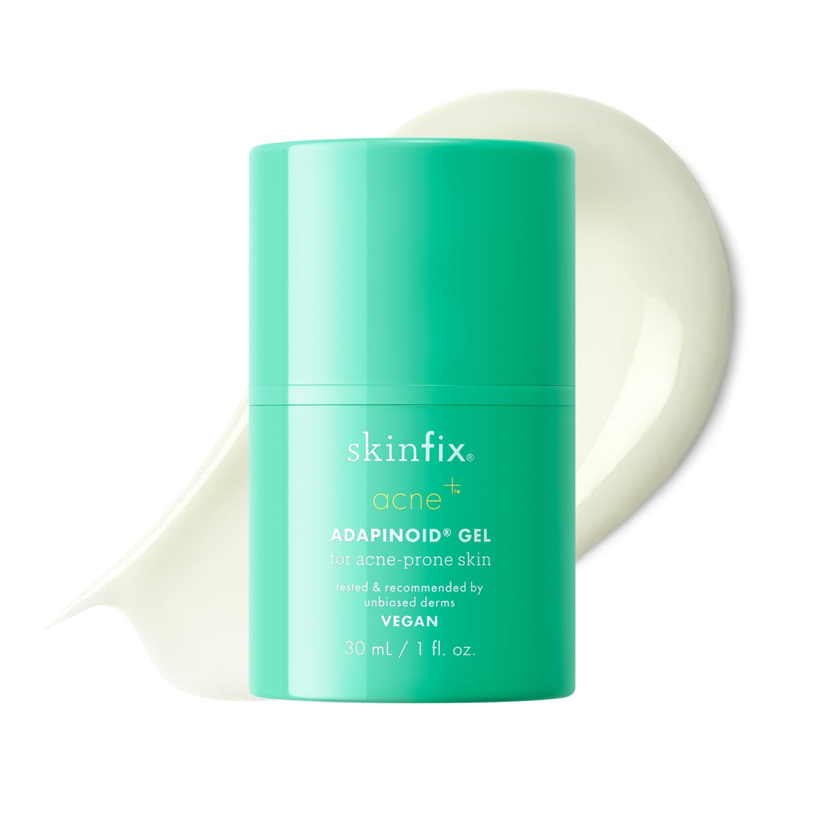 Skinfix Adapinoid Gel bottle closeup highlighting fragrance-free formula for sensitive acne-prone skin.