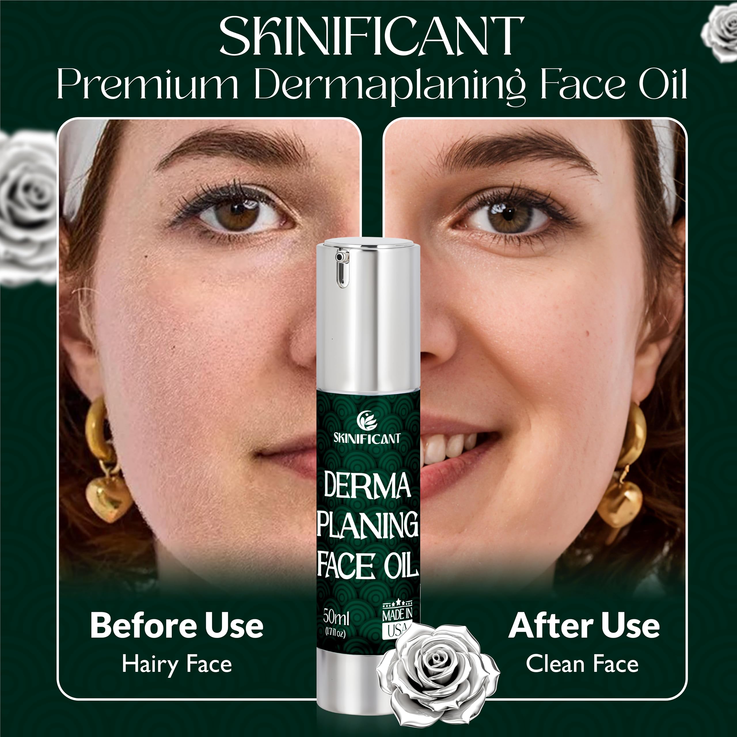 Skinificant face oil dermaplaning glide-application illustrates easy, precise strokes for home use.