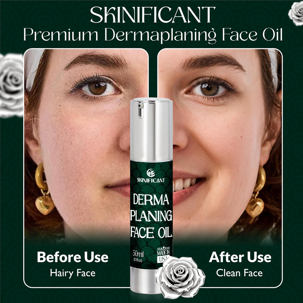 Skinificant face oil dermaplaning glide-application illustrates easy, precise strokes for home use.