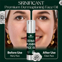 Skinificant face oil dermaplaning glide-application illustrates easy, precise strokes for home use.