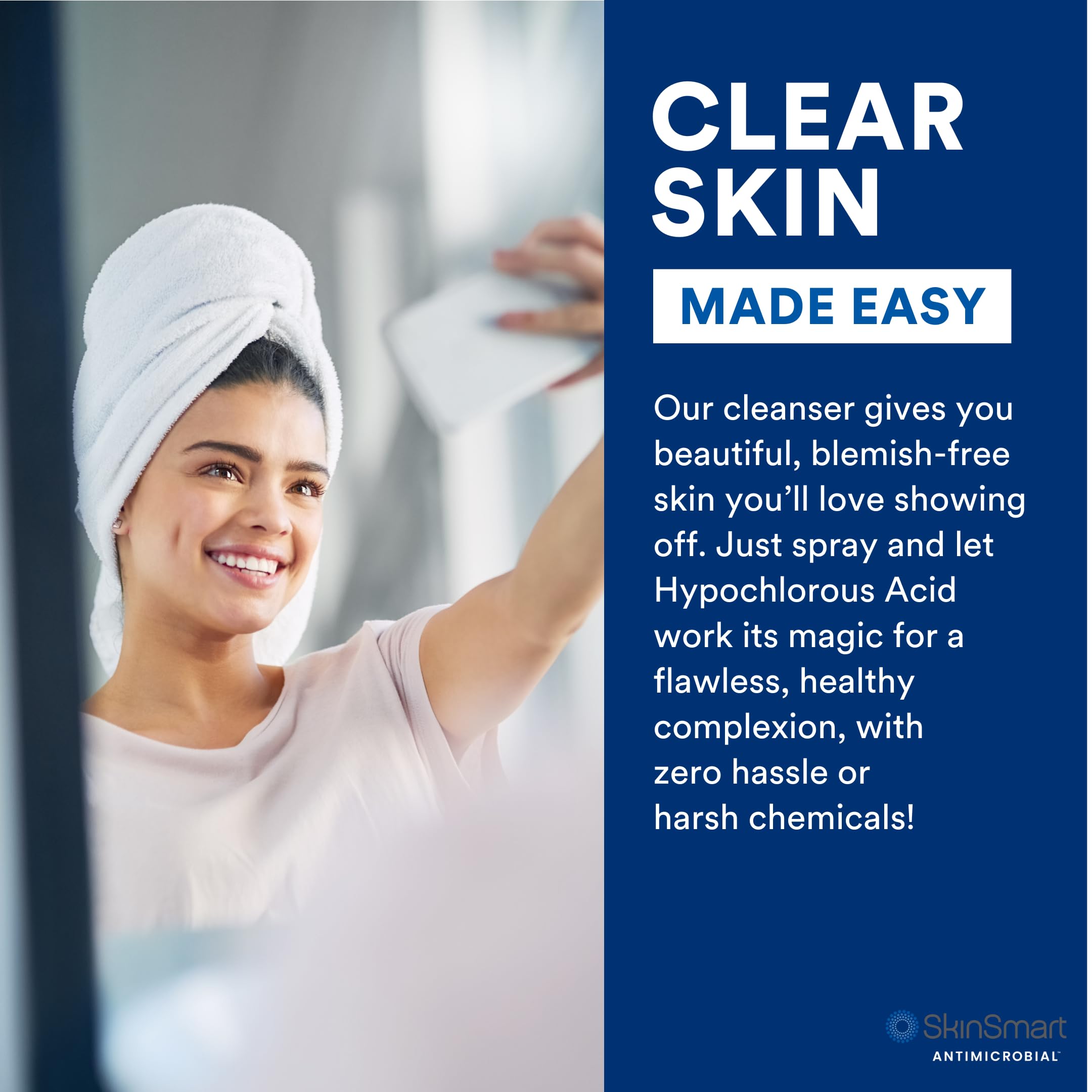 SkinSmart facial cleanser in a morning routine image emphasizing easy spray and air-dry use.