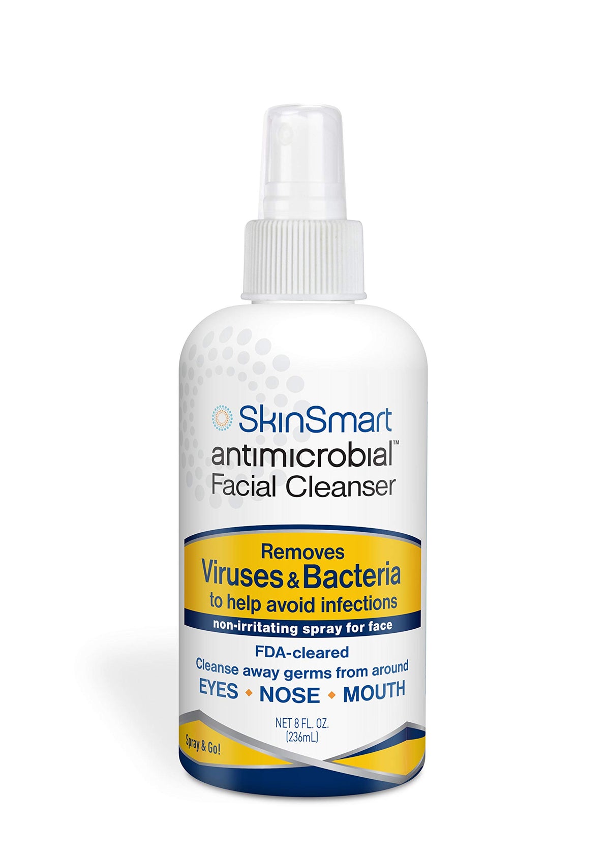 SkinSmart Antimicrobial facial-cleanser-spray-bottle close-up for quick facial cleansing.